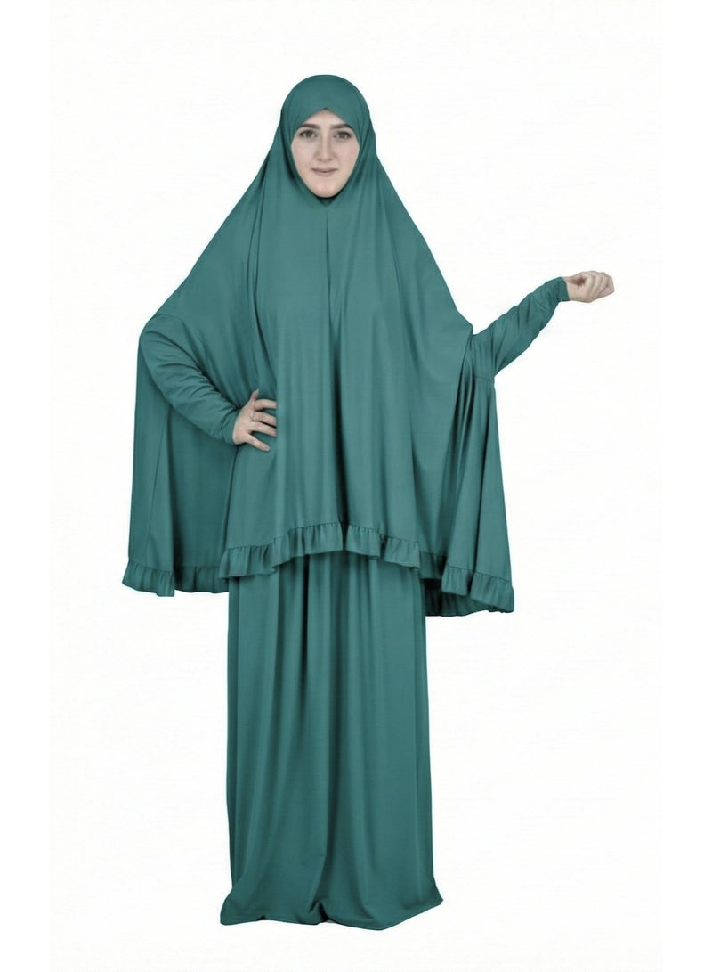 اسدال صلاة نسائي من قطعتين حجاب وتنورة بالاكمام - طقم صلاة  قطعتين بالاكمام - طقم ملابس الصلاة بالاكمام .